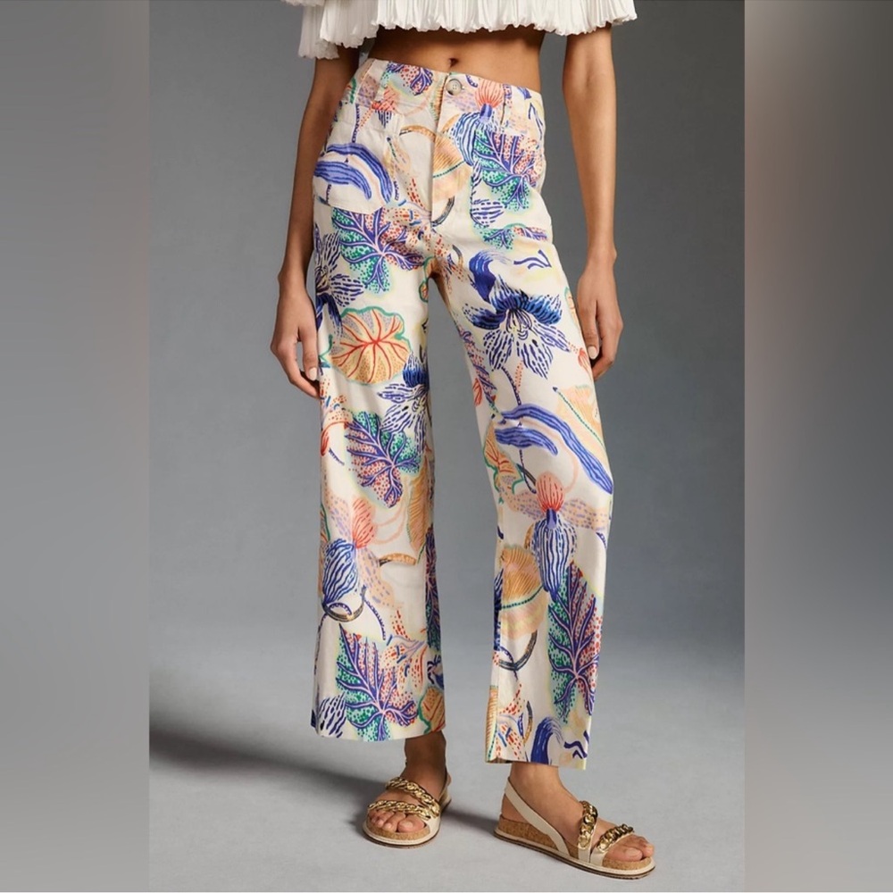 Anthropologie Cream Wide-Leg Pants with Blue, Green & Orange Floral Print